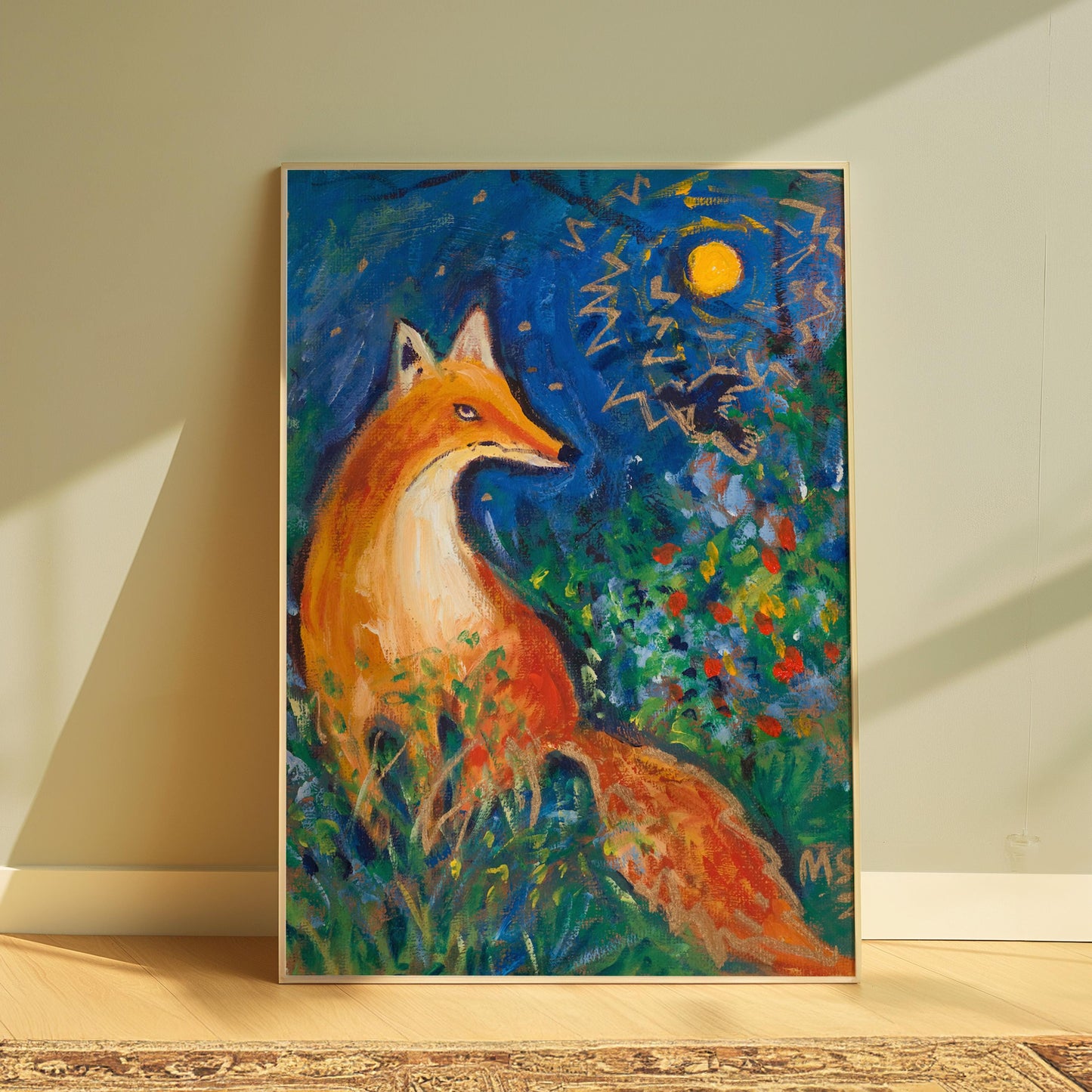 GUEST ARTIST: Fox Oil Painting Under Moonlight | Whimsical Nature Wall Art | Boho Eclectic Home Decor | Unique Large Canvas Art Gift