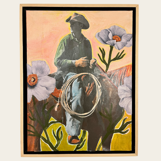 Vintage Cowboy and California Poppy Original Artwork - Framed, 12x16"