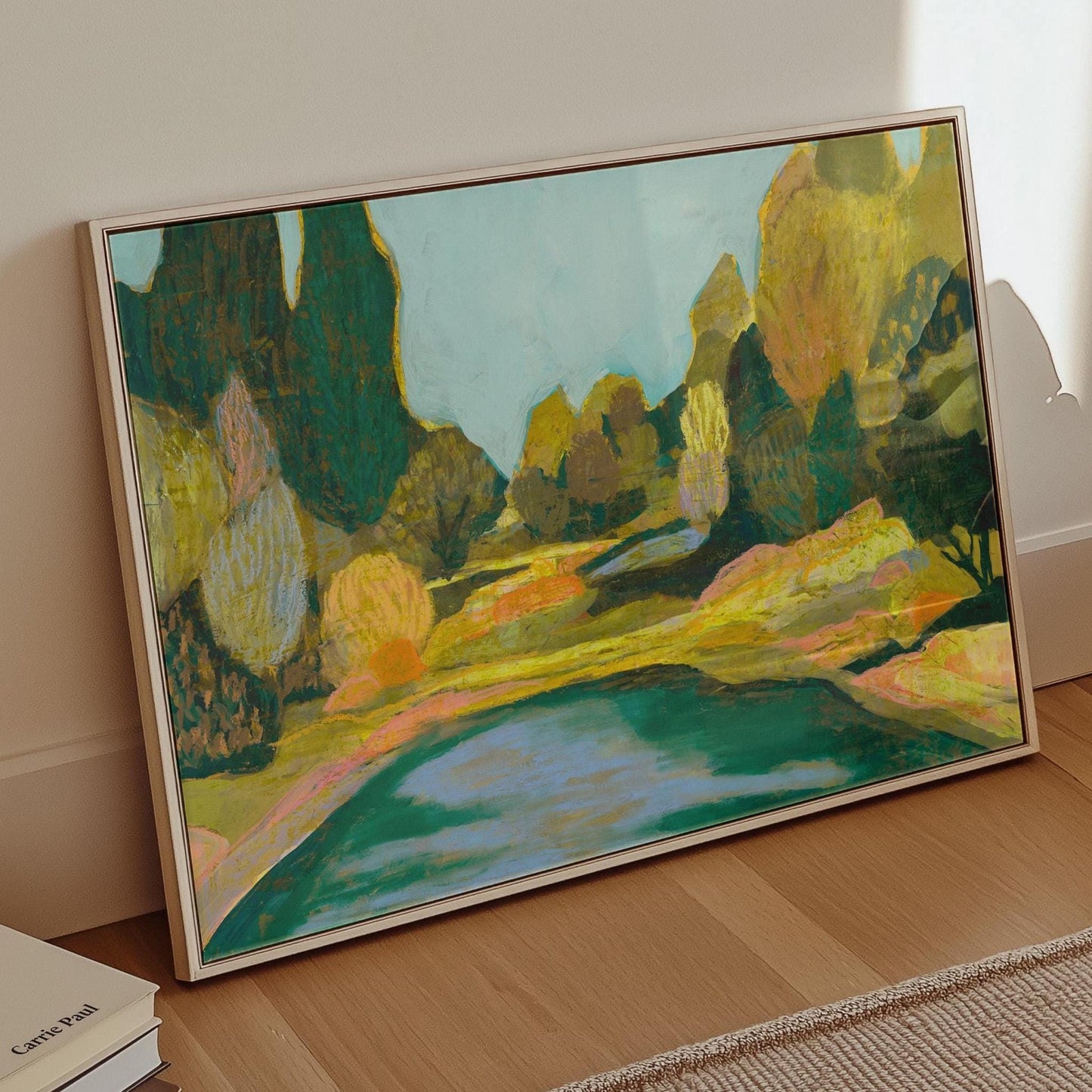 Natural Pool Midcentury Modern Nature Scene Giclee Art Print | Green Blue Tones Oil Pastel Trees Wall Decor Boho Eclectic Original