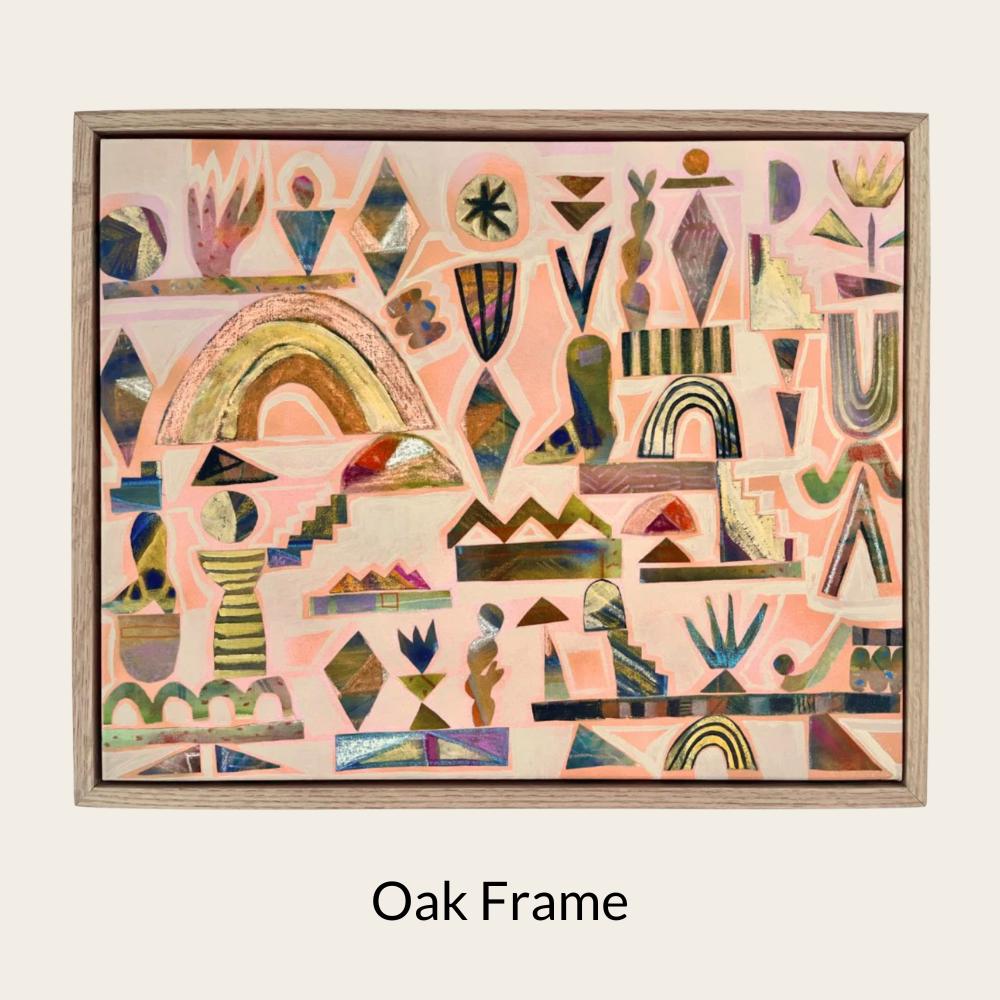 The image is an abstract art piece with a variety of shapes, patterns, and colors. The artwork is framed and displayed in a wooden frame.
