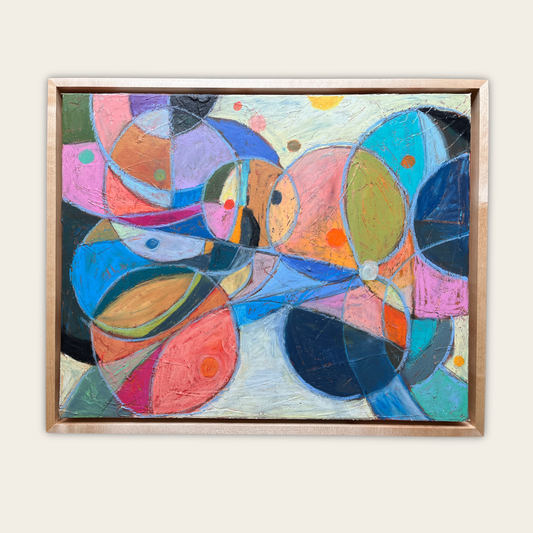 Midcentury Modern Circle Shapes - Oil Pastel Original Artwork - 16x20" Framed