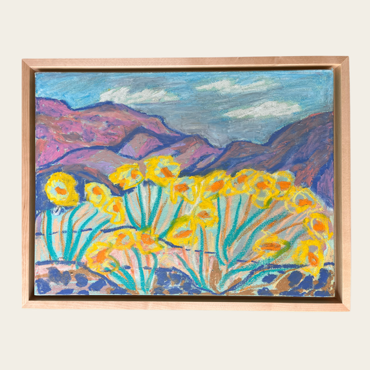 Yellow Flower California Mountain Landscape - Oil Pastel on Canvas Original Artwork - 11x14" Framed in Maple Wood Float Frame
