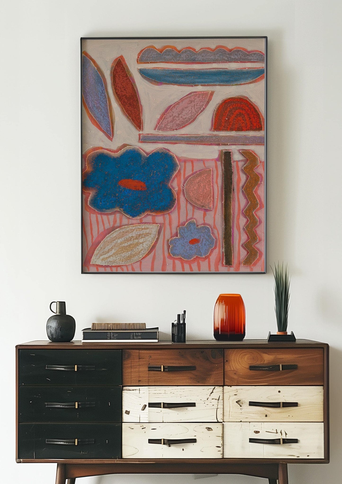 Abstract Floral Collage Canvas Print: Boho Mid-Century Modern Wall Art