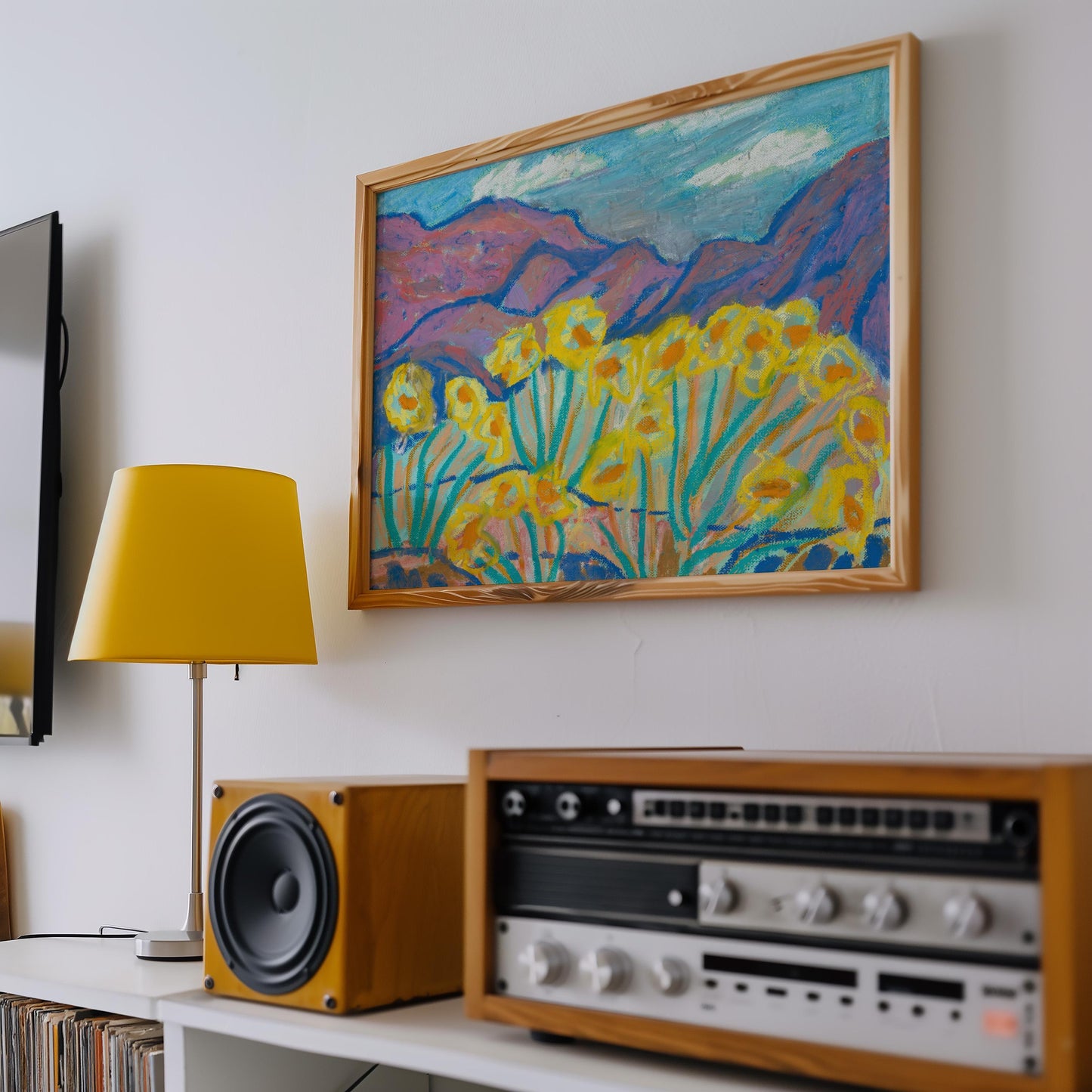 Yellow Flower Mountain Landscape Print | Vintage Oil Pastel Art