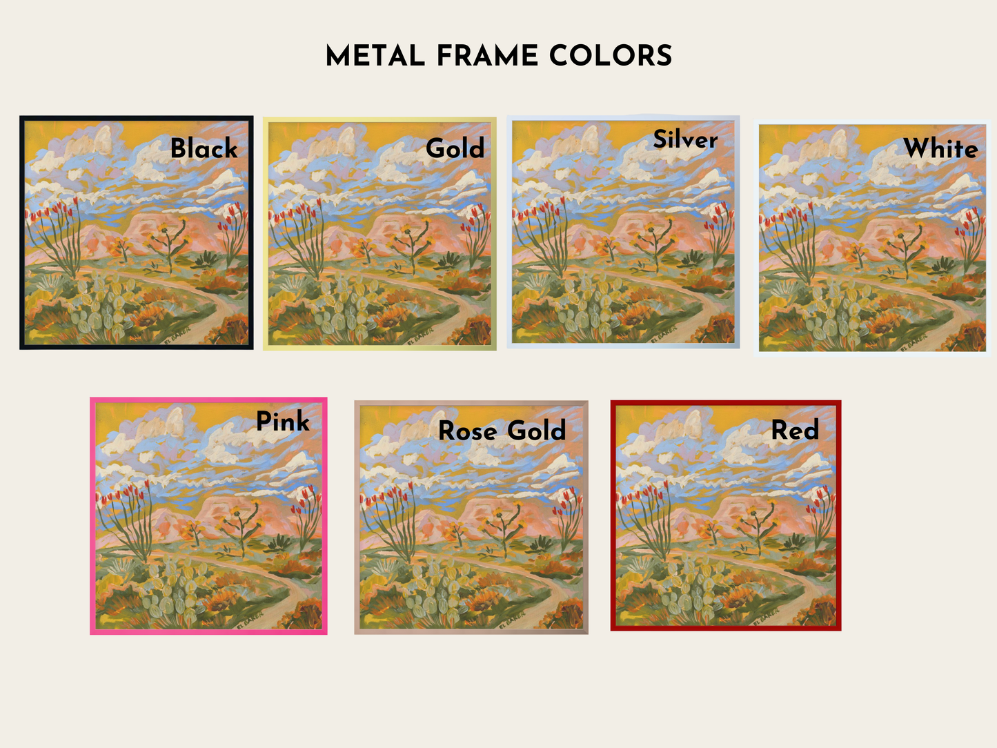 The image is a collage of six different color variations of a landscape painting, each with a different metal frame color applied to it.