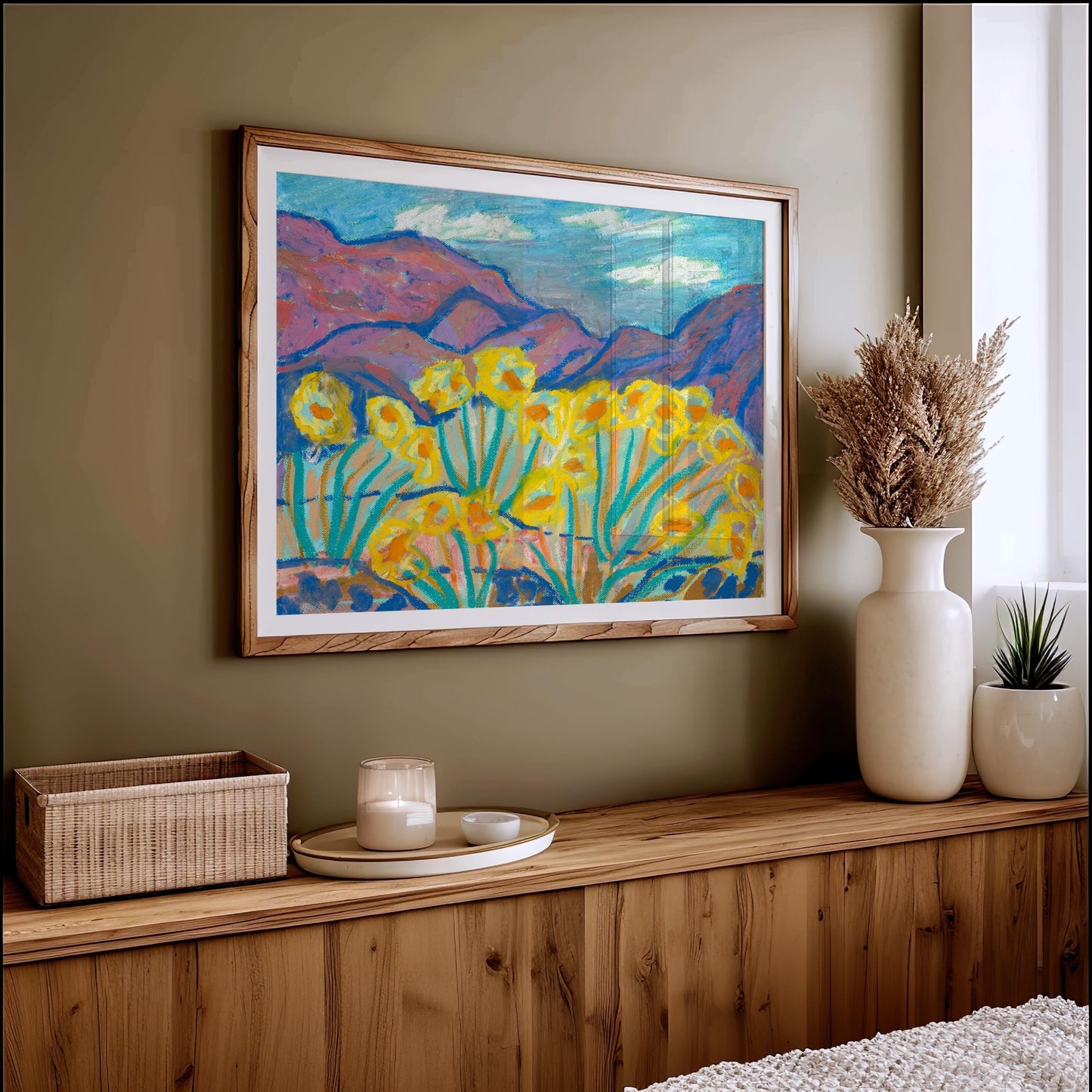 Yellow Flower Mountain Landscape Print | Vintage Oil Pastel Art