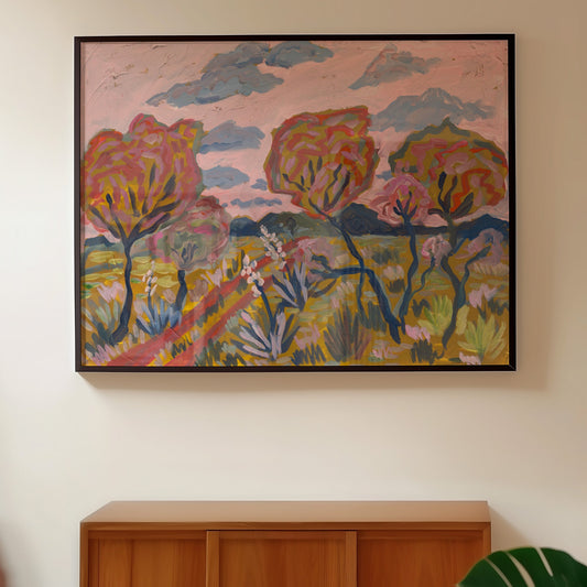 Woman walking past a colorful abstract painting on a wall.