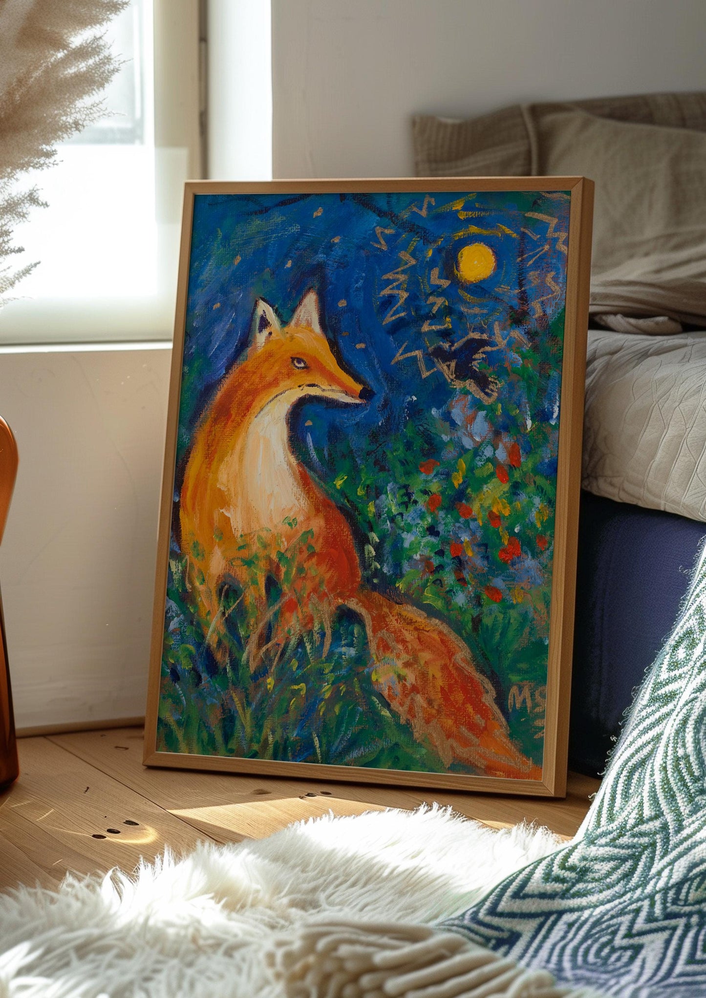 GUEST ARTIST: Fox Oil Painting Under Moonlight | Whimsical Nature Wall Art | Boho Eclectic Home Decor | Unique Large Canvas Art Gift
