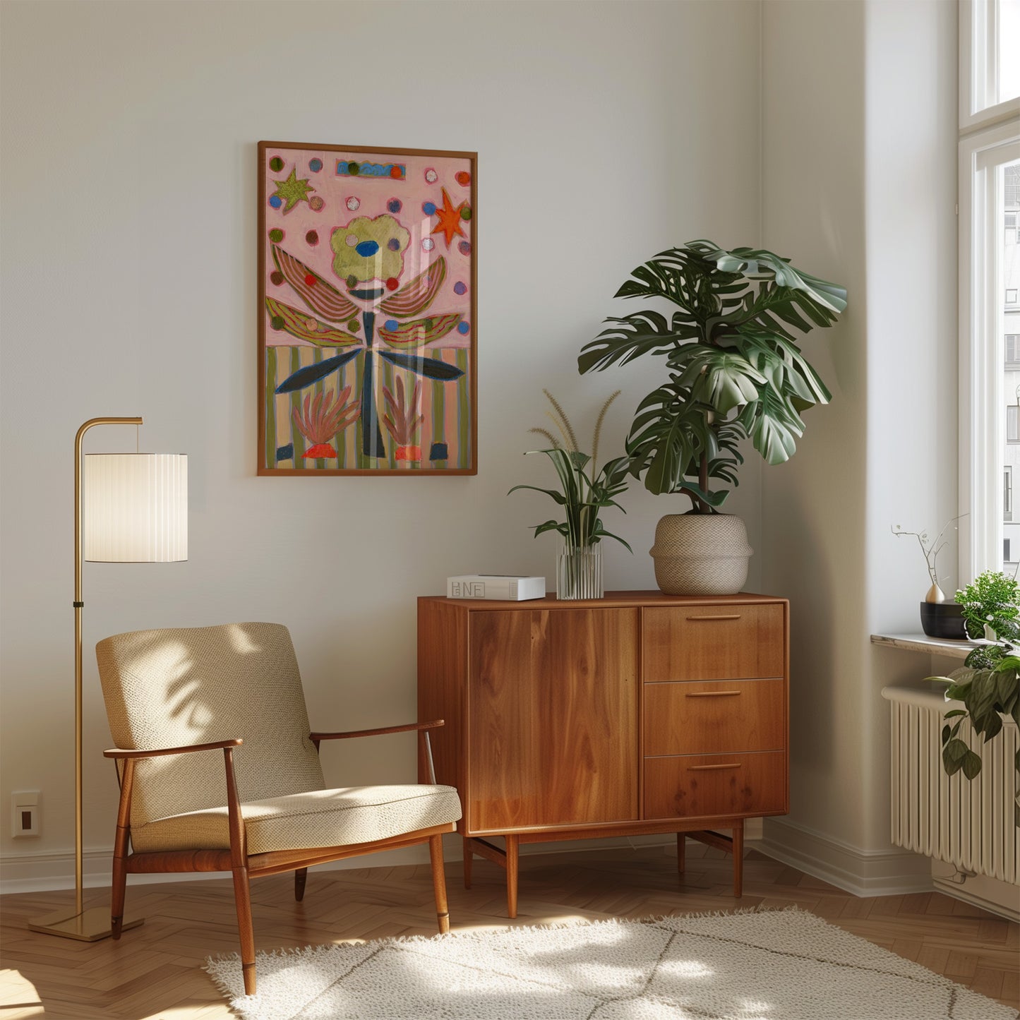 Pink Midcentury Flower Canvas Collage Print