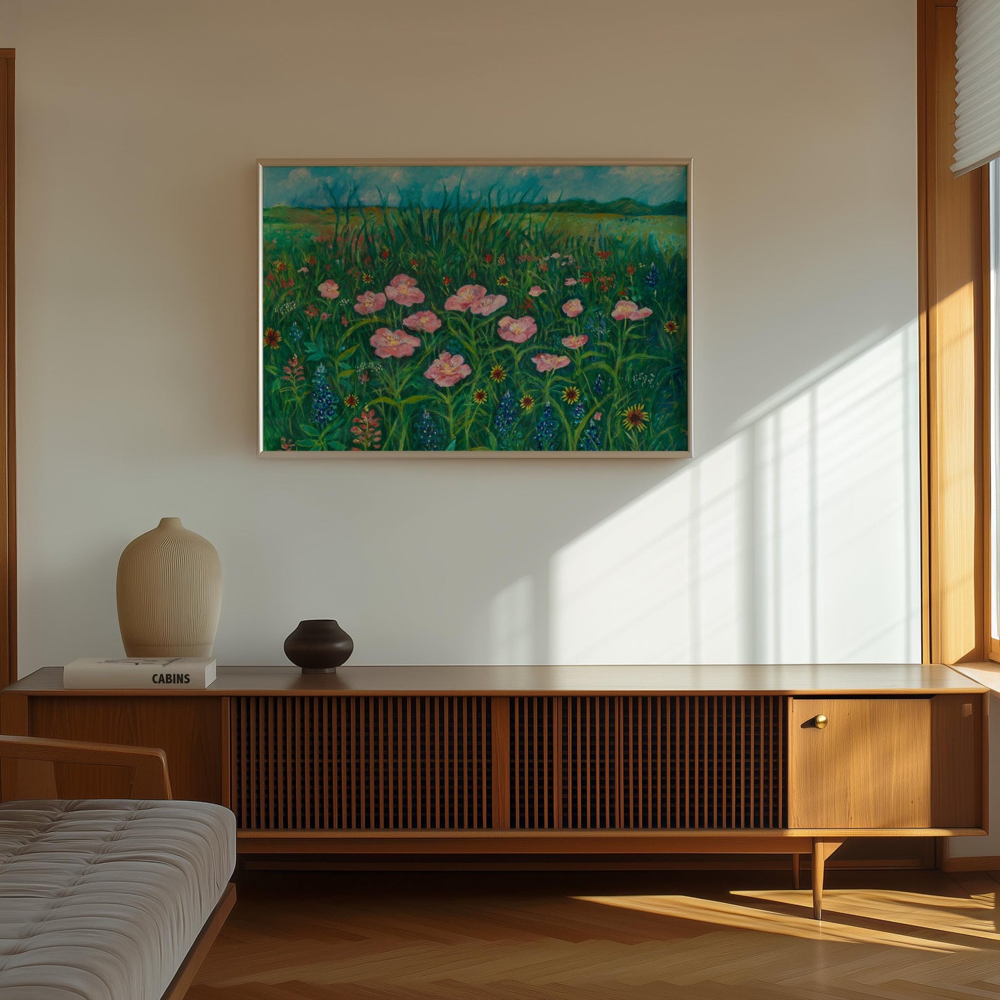 GUEST ARTIST | Texas Wildflower Field Pink Poppy Oil Painting Giclee Print Bluebonnets Botanical Nature Wall Decor Boho Southwest Original