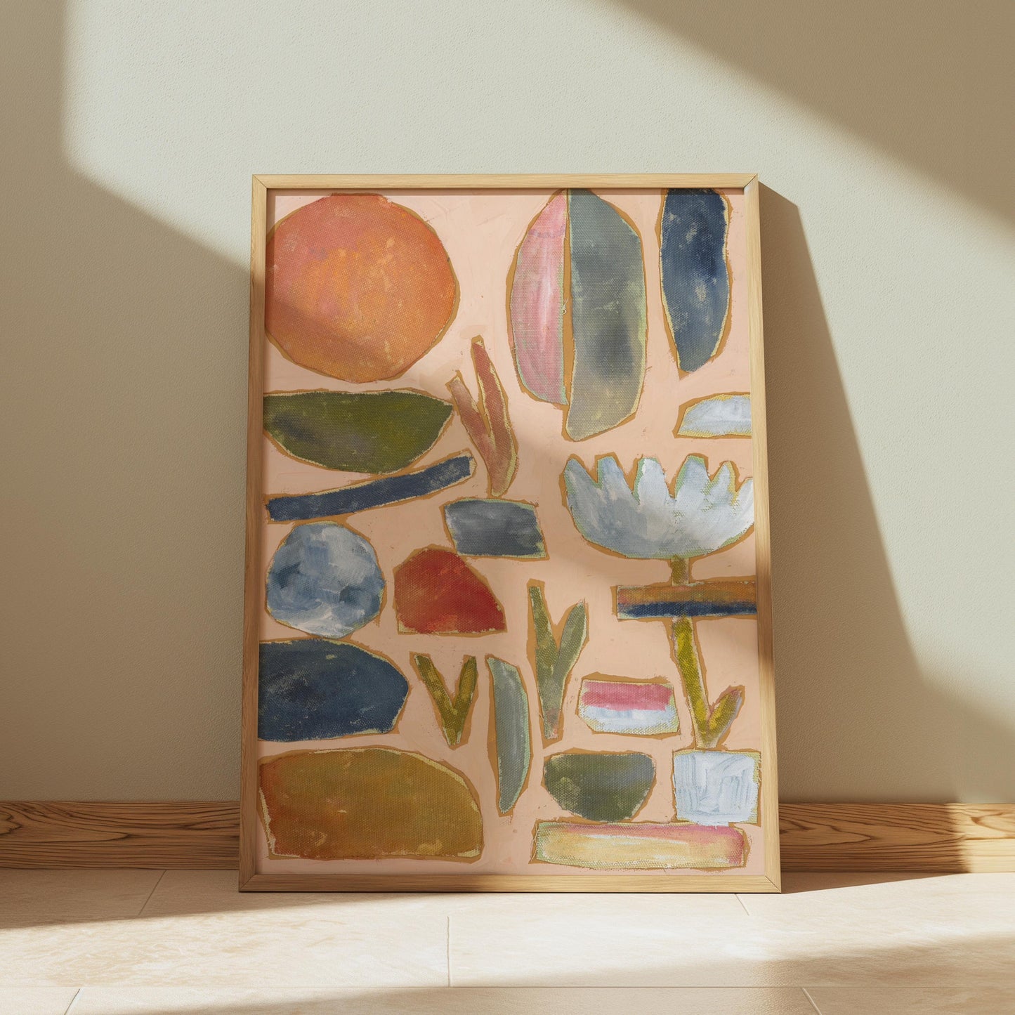 Peach Earth Tones Blues Poster | Midcentury Modern Neutral Rock Collage Painting | Giclee Print | Abstract Minimalist Wall Decor Eclectic