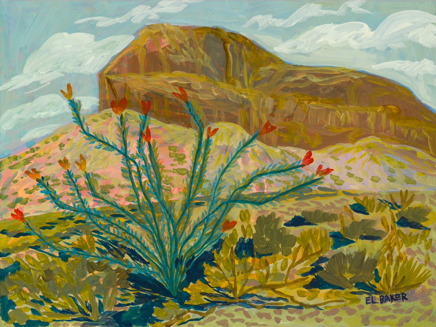 West Texas Ocotillo Desert Landscape Original Artwork - FRAMED, 18x24"