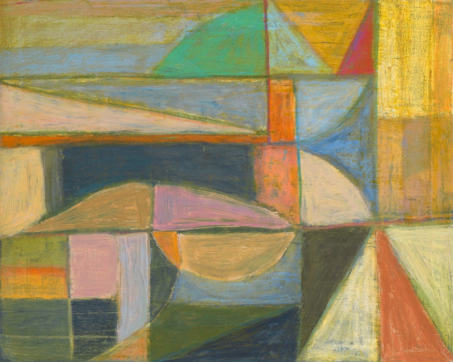 Midcentury Modern Geometric Abstract - Oil Pastel Original Artwork - 16x20" Framed
