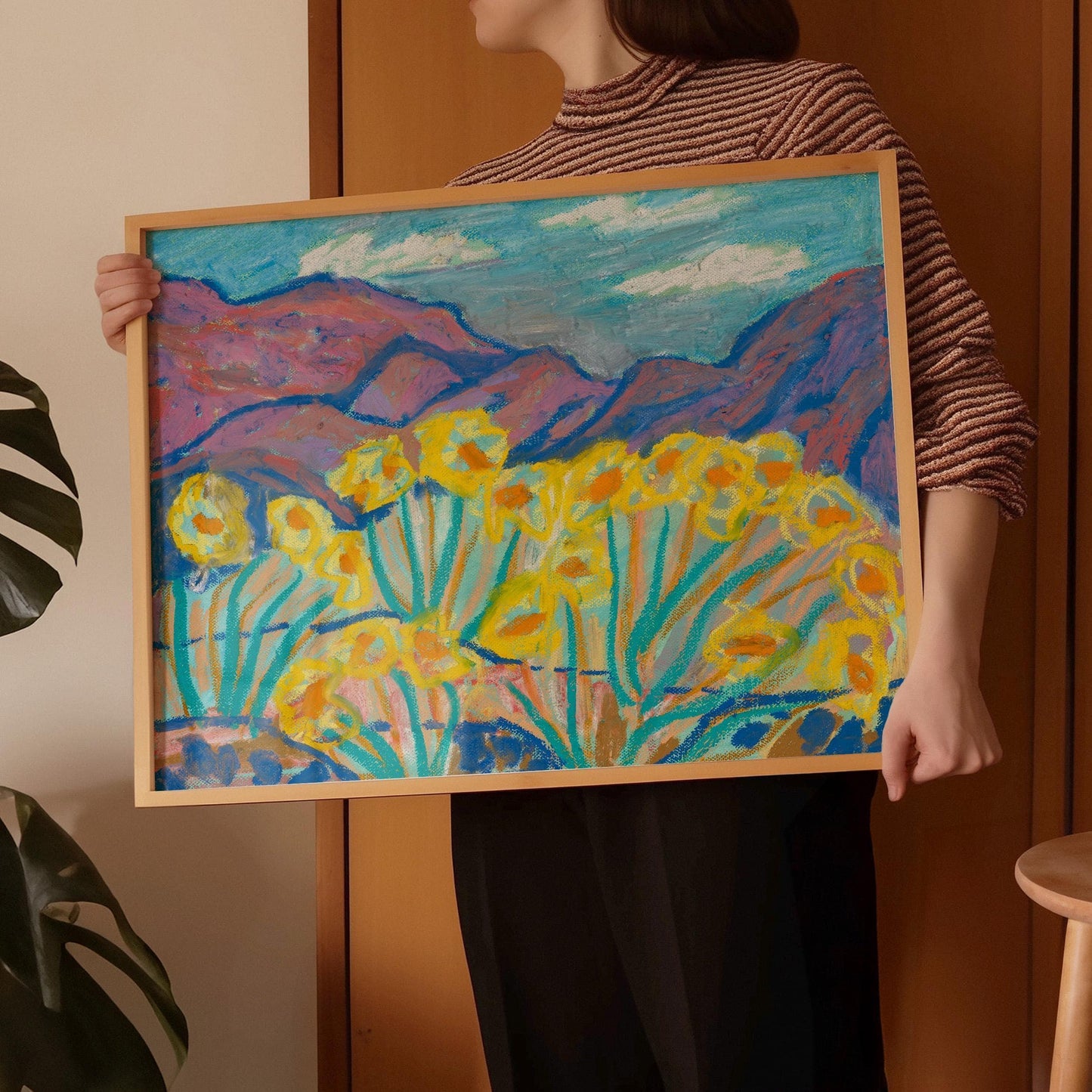 Yellow Flower Mountain Landscape Print | Vintage Oil Pastel Art