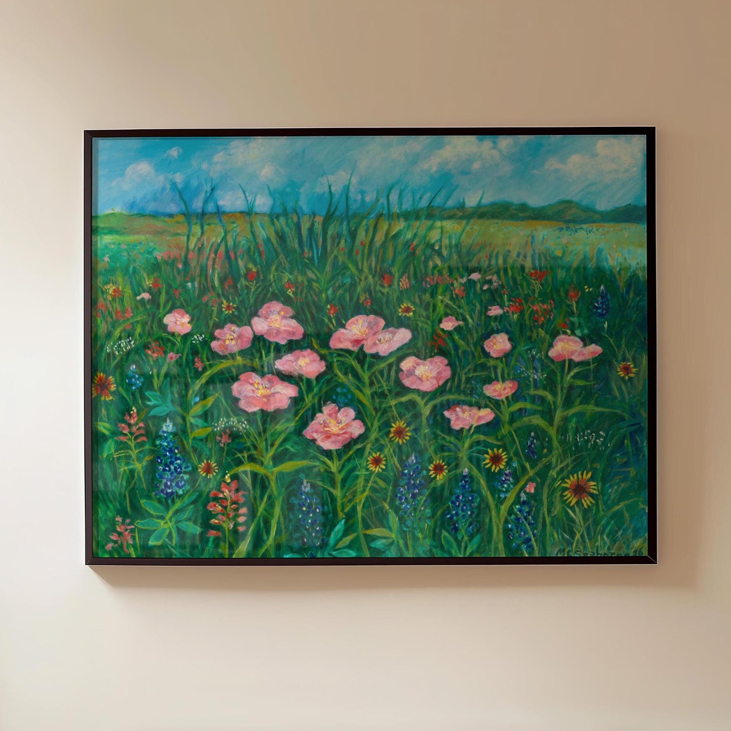 GUEST ARTIST | Texas Wildflower Field Pink Poppy Oil Painting Giclee Print Bluebonnets Botanical Nature Wall Decor Boho Southwest Original