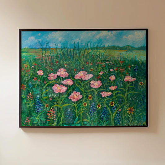 GUEST ARTIST | Texas Wildflower Field Pink Poppy Oil Painting Giclee Print Bluebonnets Botanical Nature Wall Decor Boho Southwest Original
