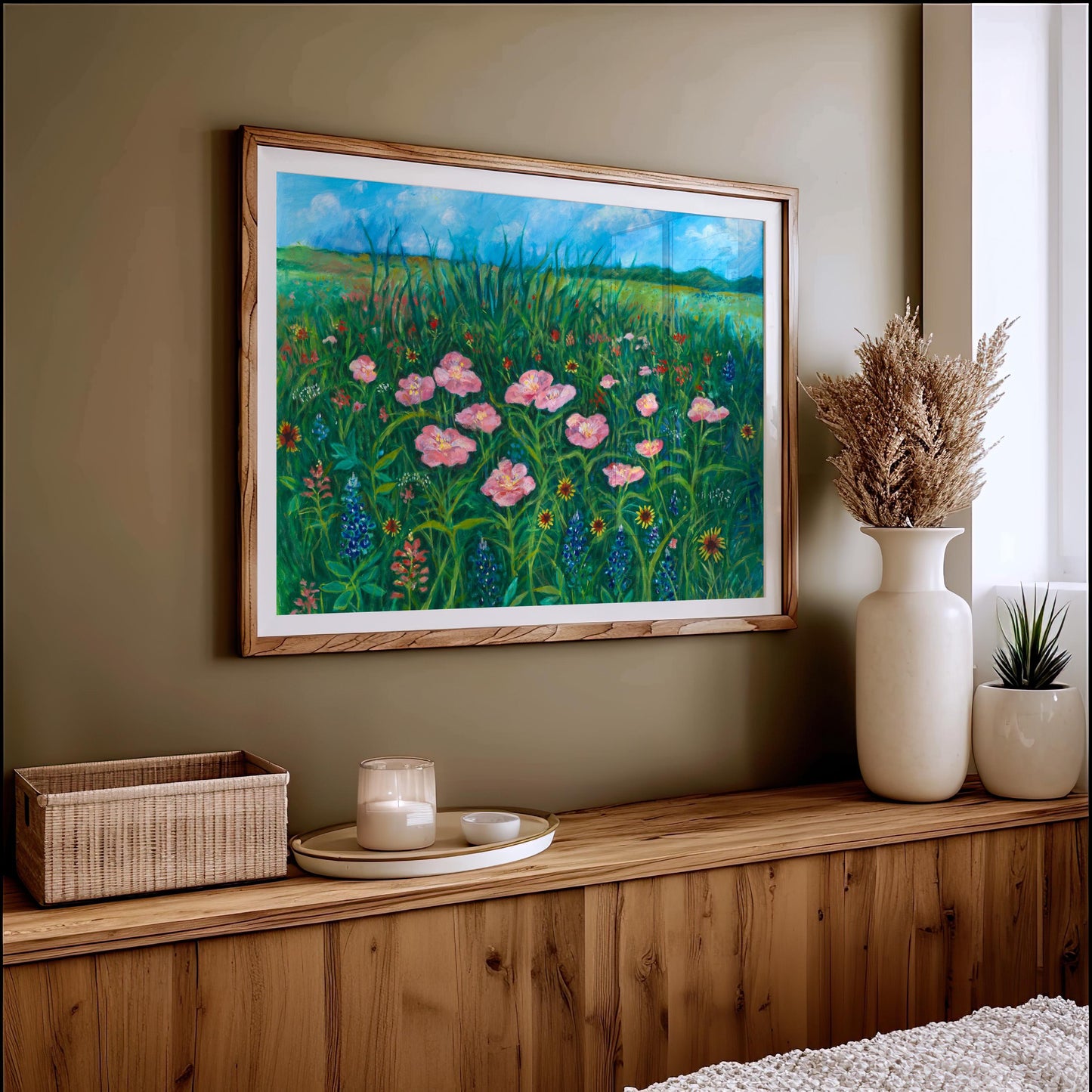 GUEST ARTIST | Texas Wildflower Field Pink Poppy Oil Painting Giclee Print Bluebonnets Botanical Nature Wall Decor Boho Southwest Original