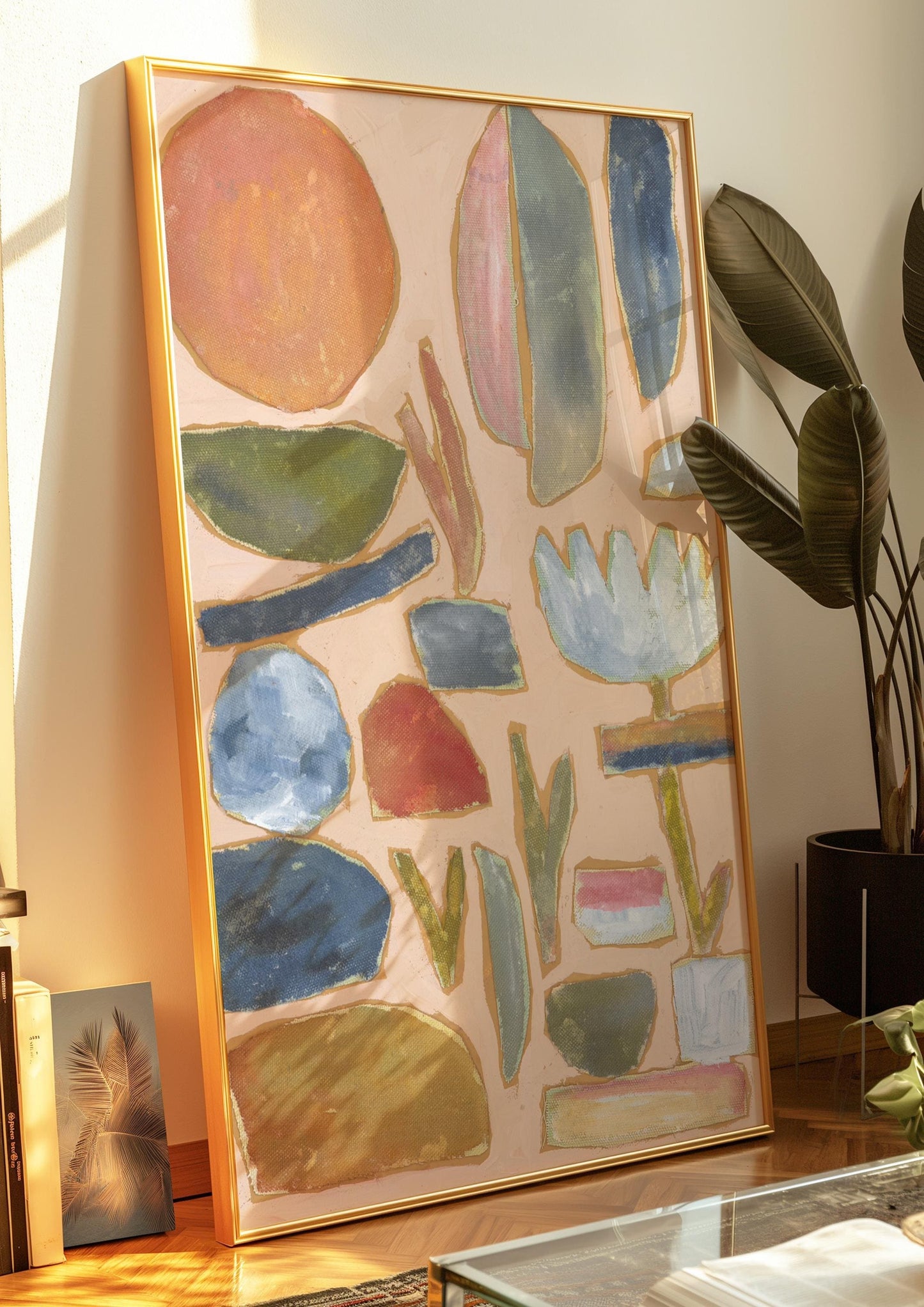 Peach Earth Tones Blues Poster | Midcentury Modern Neutral Rock Collage Painting | Giclee Print | Abstract Minimalist Wall Decor Eclectic