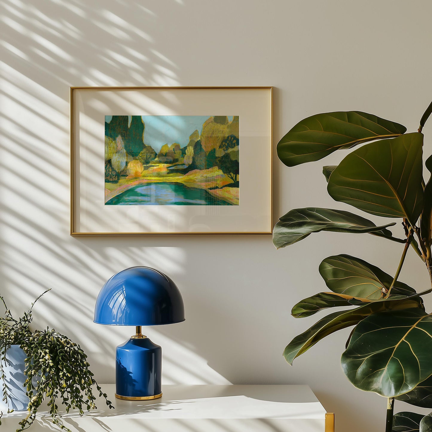 Natural Pool Midcentury Modern Nature Scene Giclee Art Print | Green Blue Tones Oil Pastel Trees Wall Decor Boho Eclectic Original