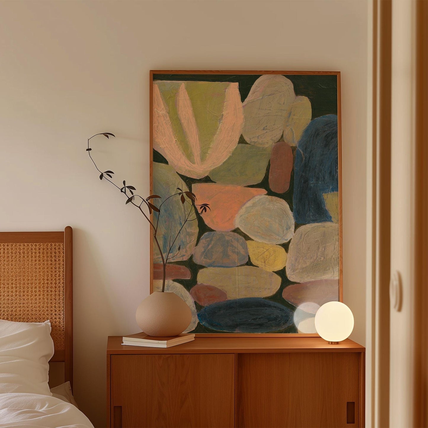 Midcentury Modern Neutral Rocks Painting Giclee Print | Earth Tones Dark Green Light Abstract Minimalist Wall Decor Eclectic Original