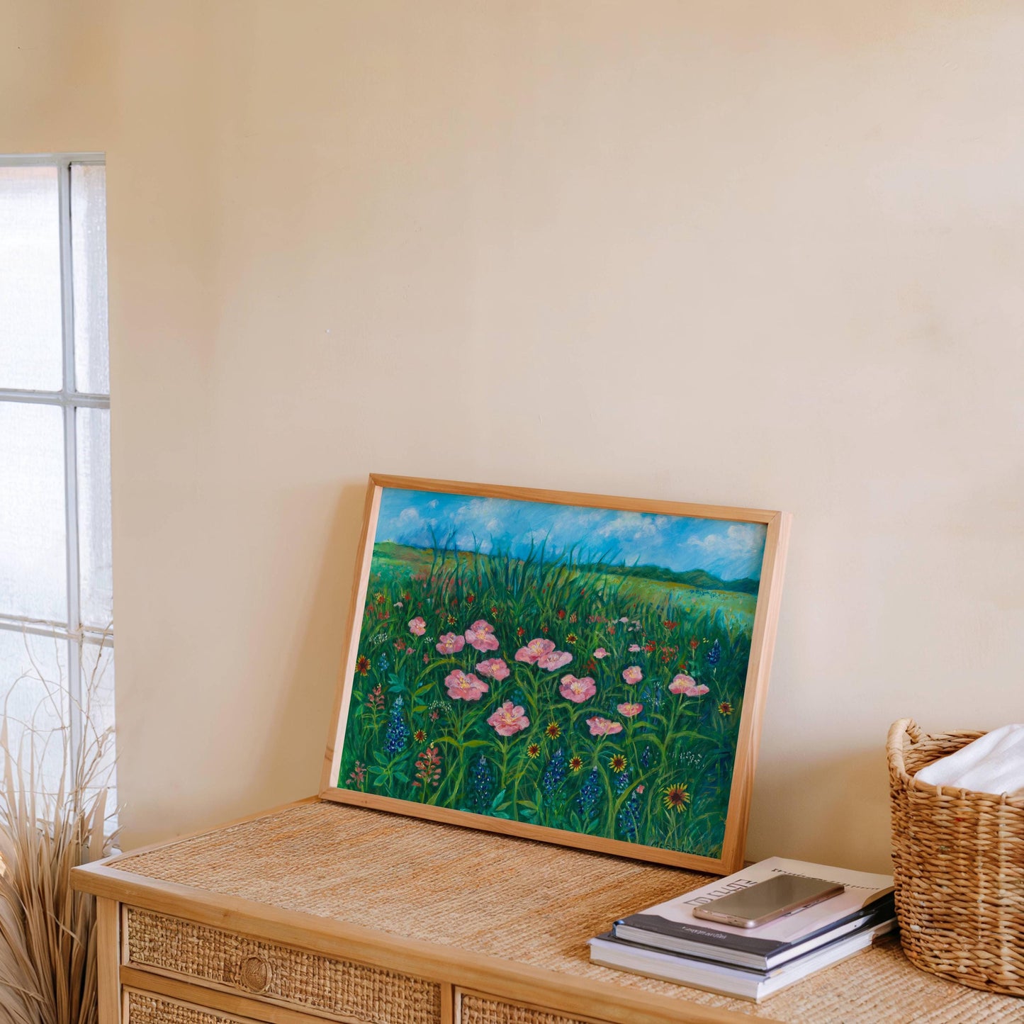 GUEST ARTIST | Texas Wildflower Field Pink Poppy Oil Painting Giclee Print Bluebonnets Botanical Nature Wall Decor Boho Southwest Original