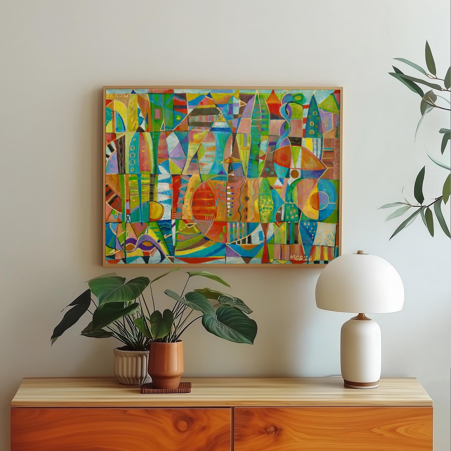 GUEST ARTIST: Midcentury Modern Red Triangle Shapes | Abstract Wall Art | Boho Retro Home Decor | Eclectic Large Canvas | Unique Gift