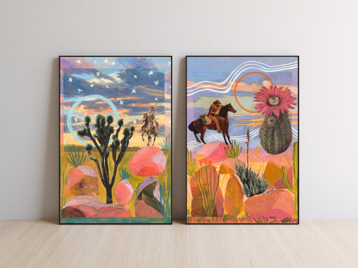 Desert Cowboy and Sunset Rocks Print - El Baker Art