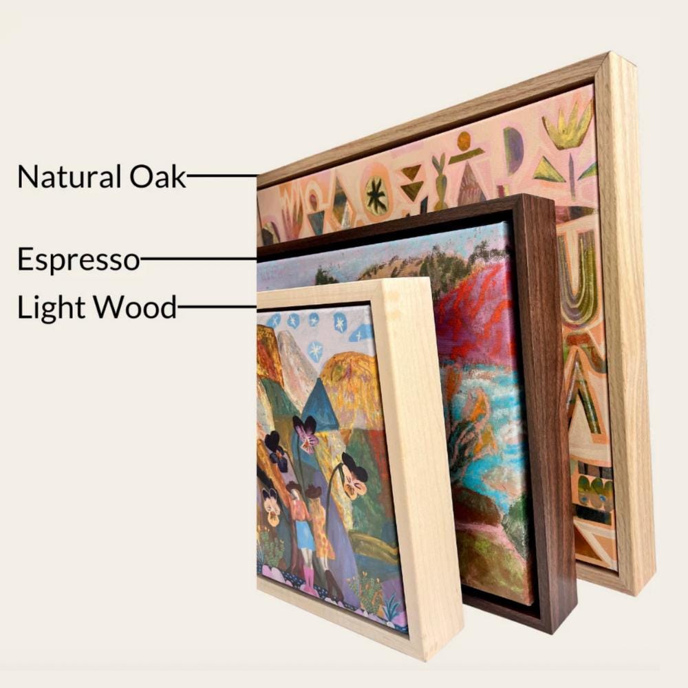 a collection of framed artworks, each with a different type of wood finish. The artworks are displayed in a row, with the first one being a natural oak, the second one being an espresso, and the third one being a light wood.