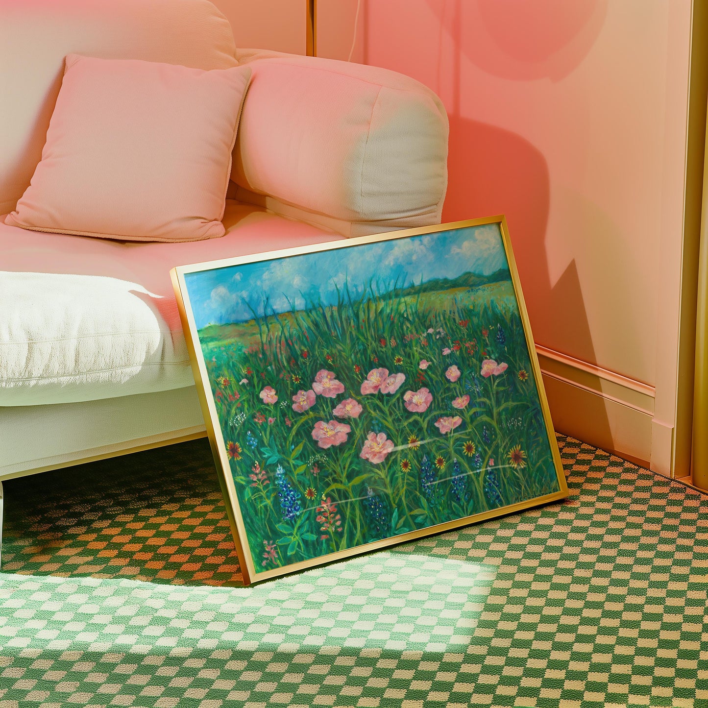 GUEST ARTIST | Texas Wildflower Field Pink Poppy Oil Painting Giclee Print Bluebonnets Botanical Nature Wall Decor Boho Southwest Original