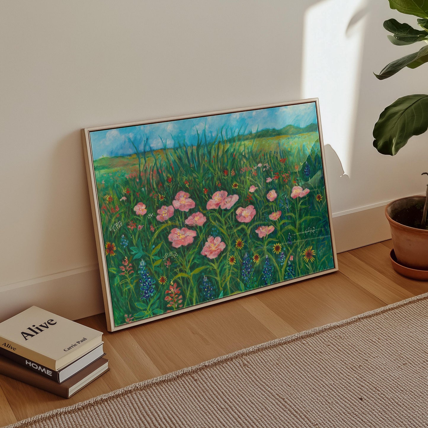 GUEST ARTIST | Texas Wildflower Field Pink Poppy Oil Painting Giclee Print Bluebonnets Botanical Nature Wall Decor Boho Southwest Original