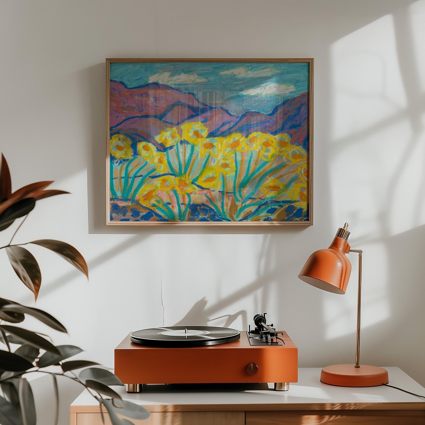 Yellow Flower Mountain Landscape Print | Vintage Oil Pastel Art