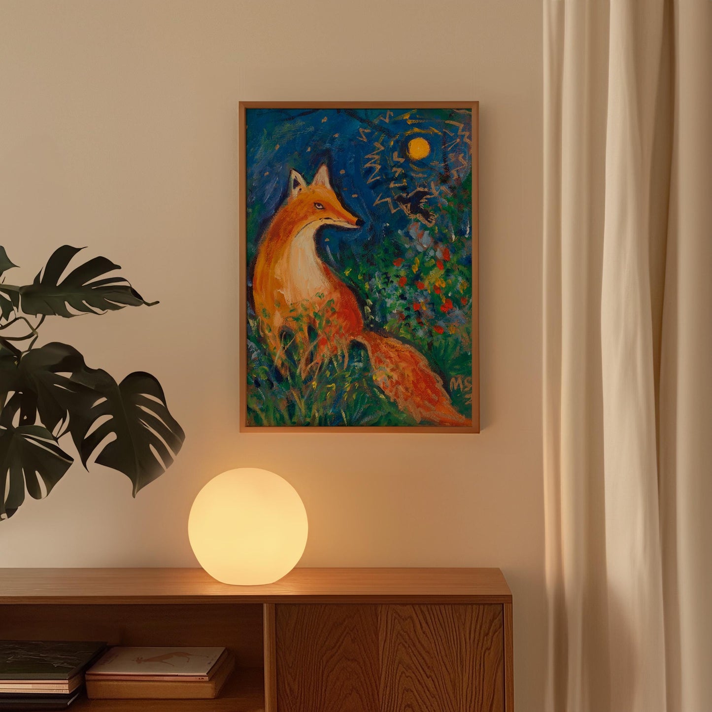 GUEST ARTIST: Fox Oil Painting Under Moonlight | Whimsical Nature Wall Art | Boho Eclectic Home Decor | Unique Large Canvas Art Gift