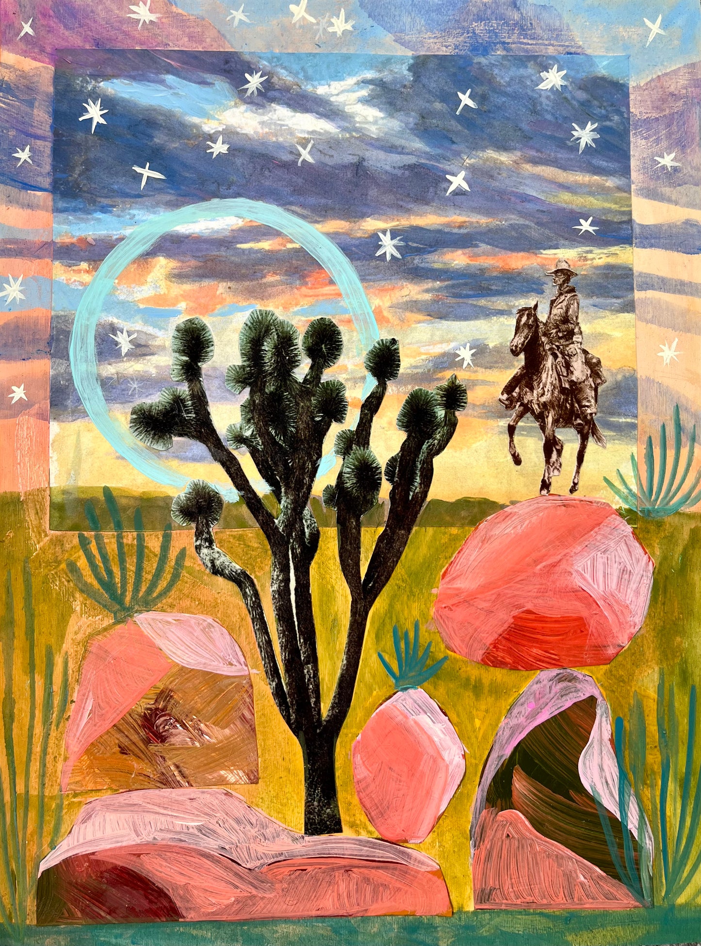 Joshua Tree Desert Rocks Vintage Cowboy Original Collage Artwork - 12x16"