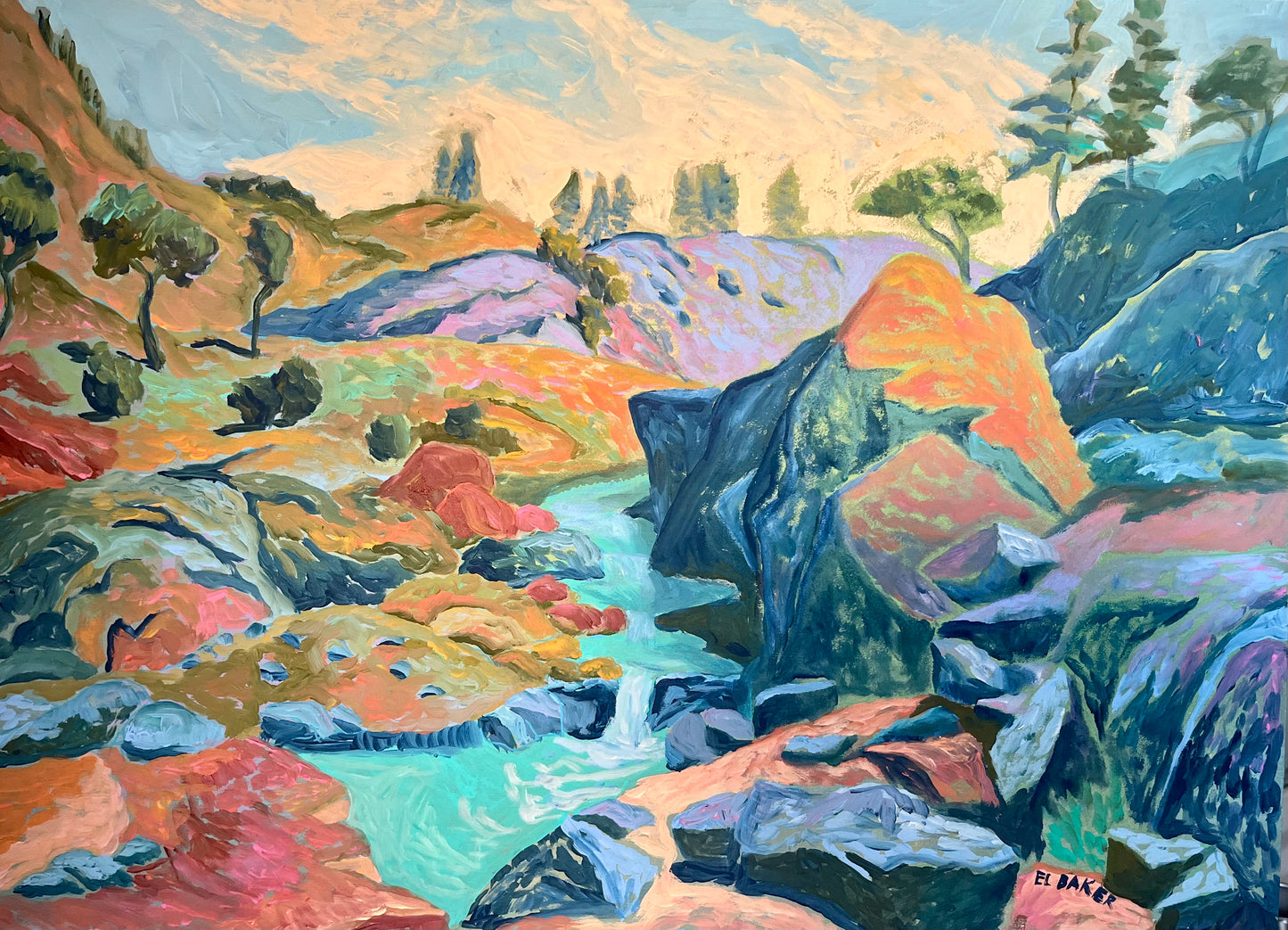 River in Sierra Nevadas Mountain Landscape Original Artwork - 18x24"