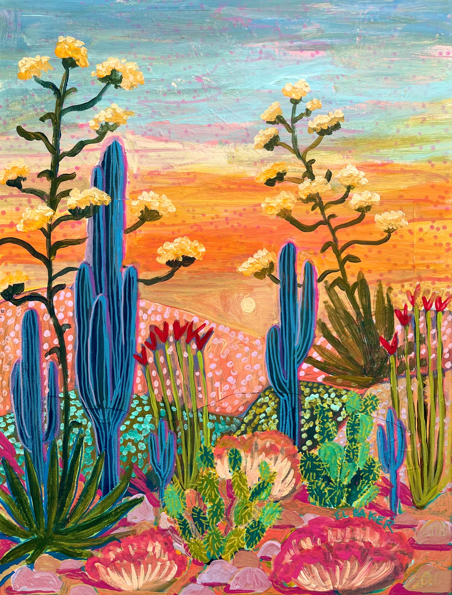 Desert Sunrise Cactus Landscape Original Artwork
