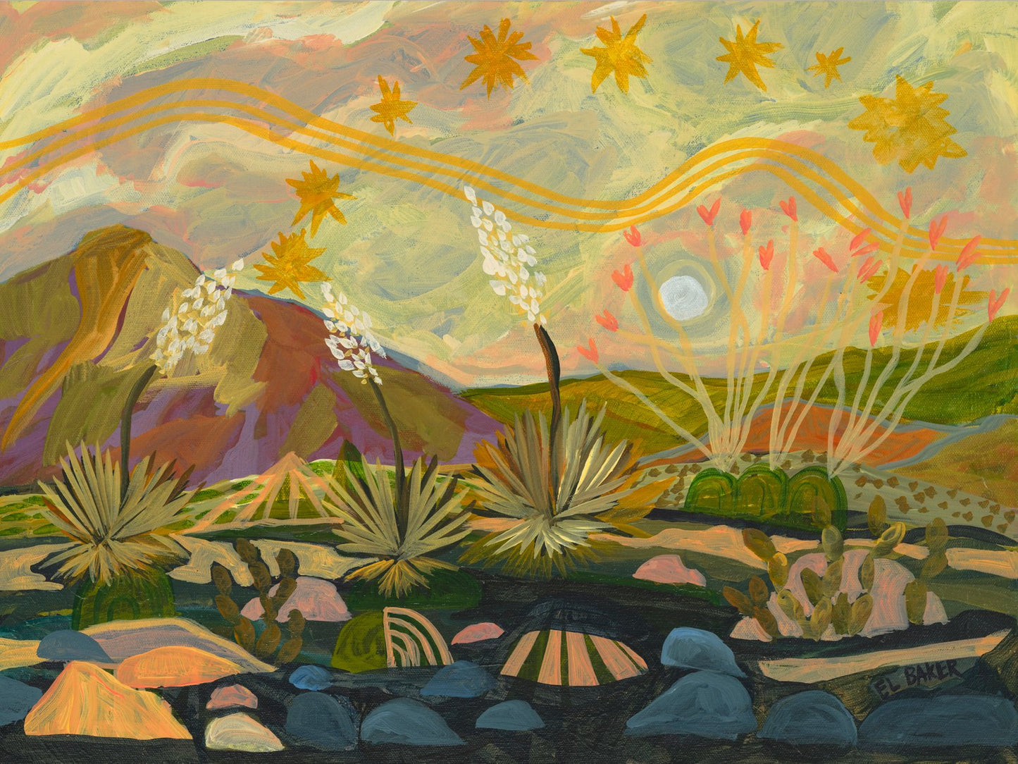 Midcentury Modern Yucca Plants Landscape Original Artwork - FRAMED, 18x24" - El Baker Art