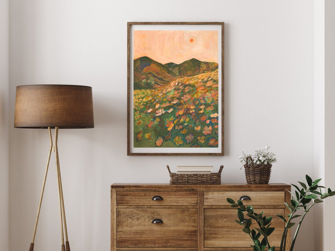 Pastel California Poppy Flower Landscape Print - El Baker Art