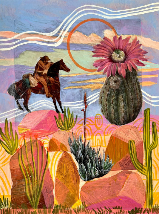 Pink Cactus Flower and Saguaro Original Collage Artwork - 12x16" - El Baker Art