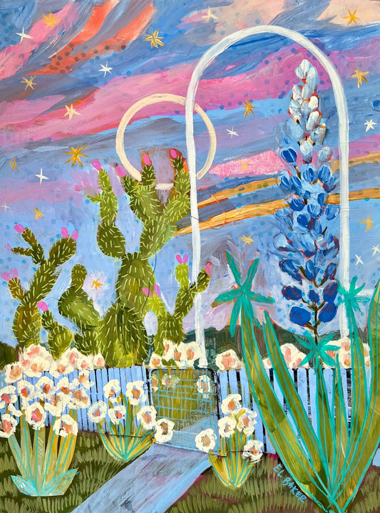 Prickly Pear Cactus and Bluebonnets Original Collage Artwork - 12x16" - El Baker Art