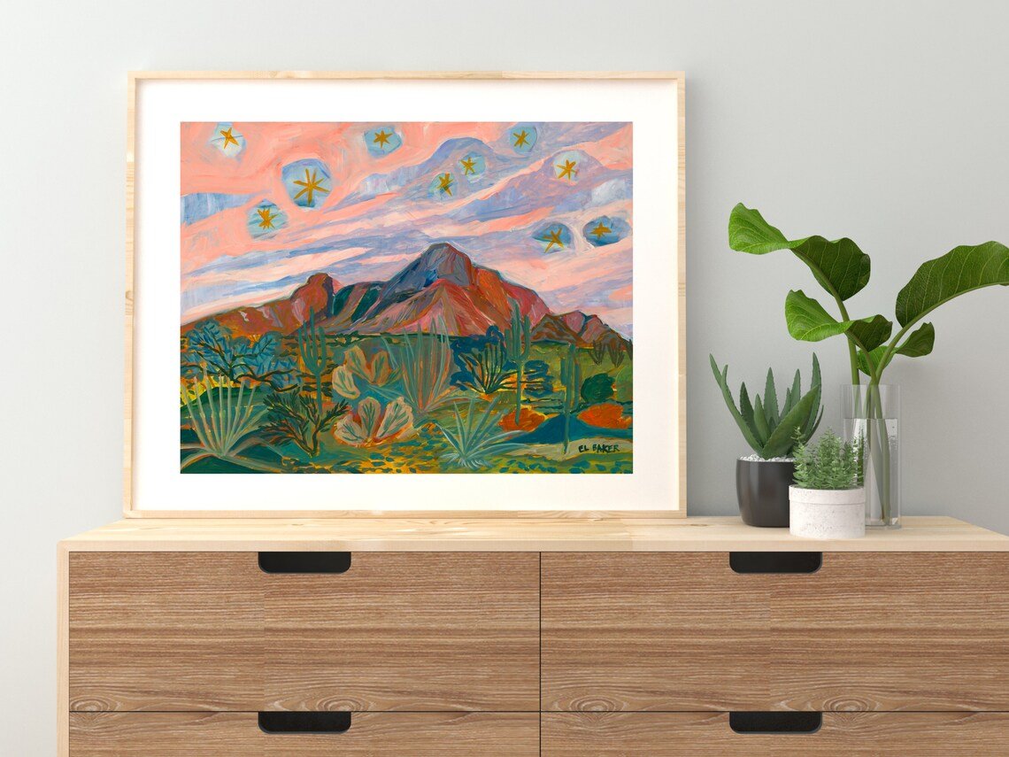 Vintage Desert Starry Night Sunset Print - El Baker Art