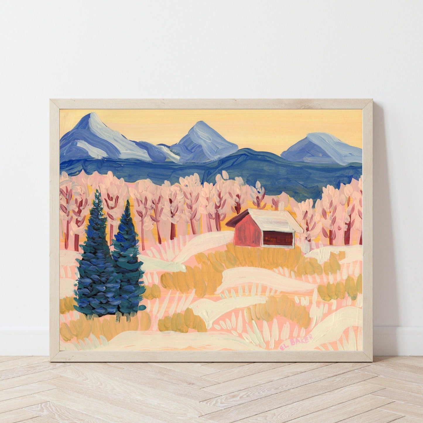 Winter Mountain Cabin Landscape Print