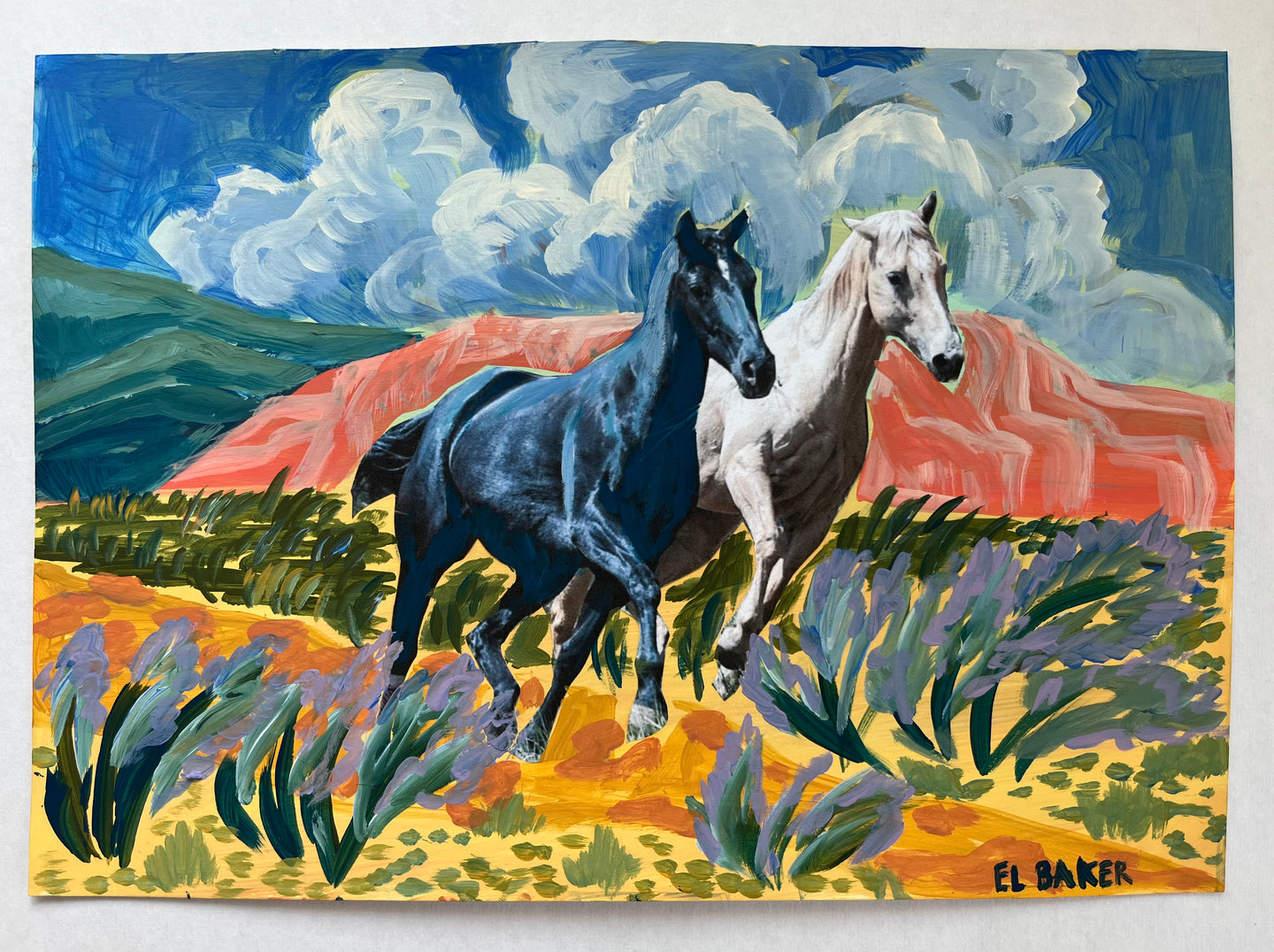 Two Horses Mountain Landscape Original Artwork - El Baker Art